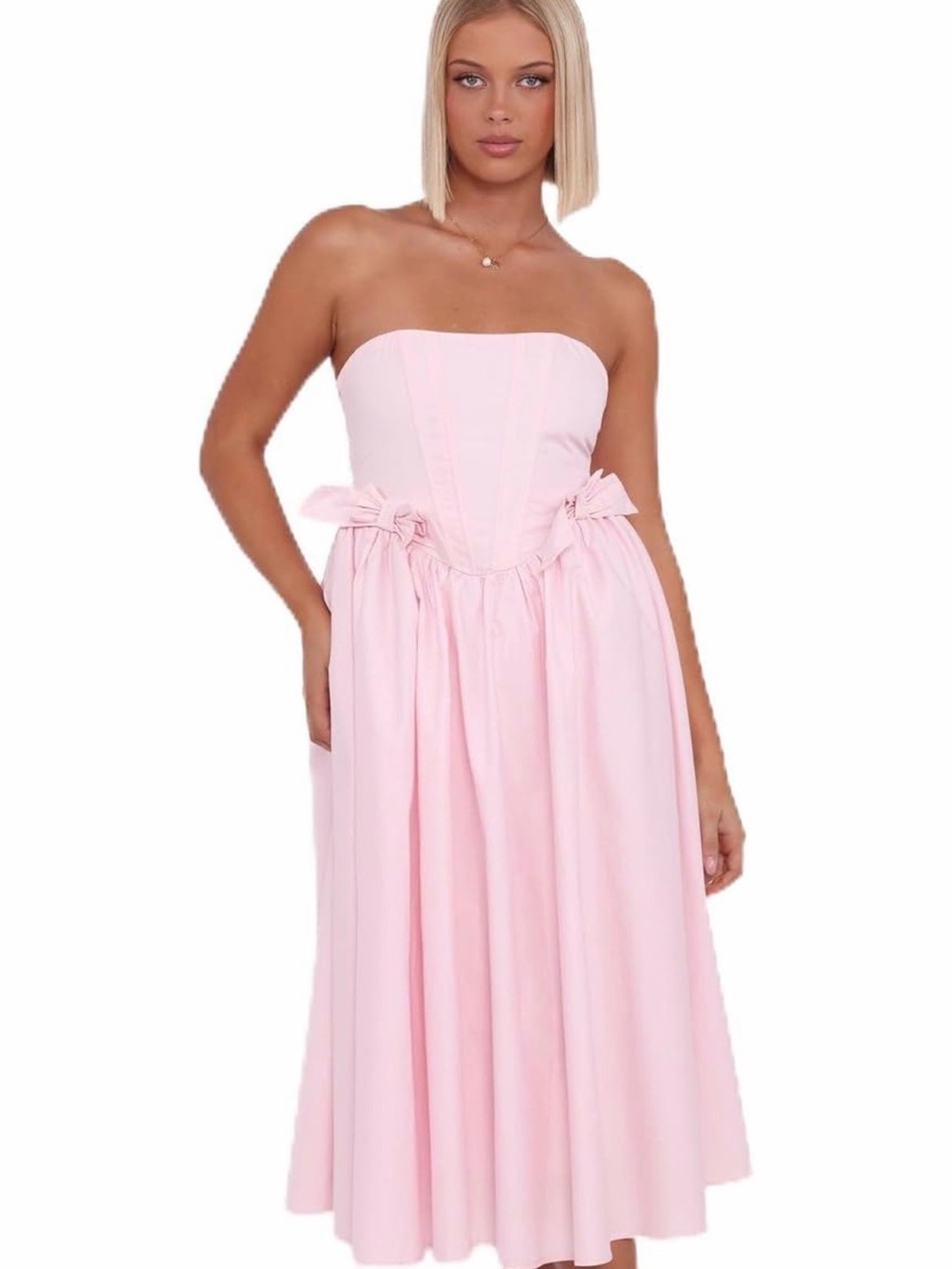 Strapless Pink Midi Dress with Bow Detail